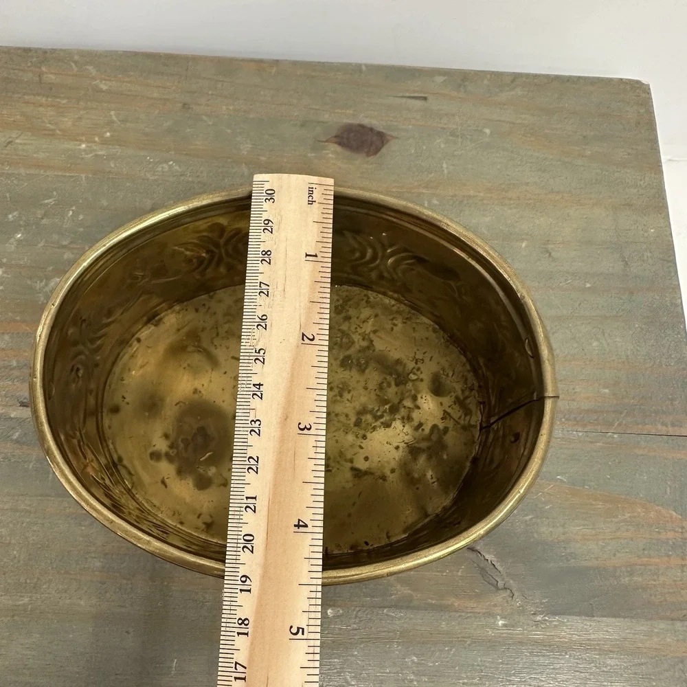 Vintage Brass Oval Planter Embossed Stamped Decorative Pot Ornate India